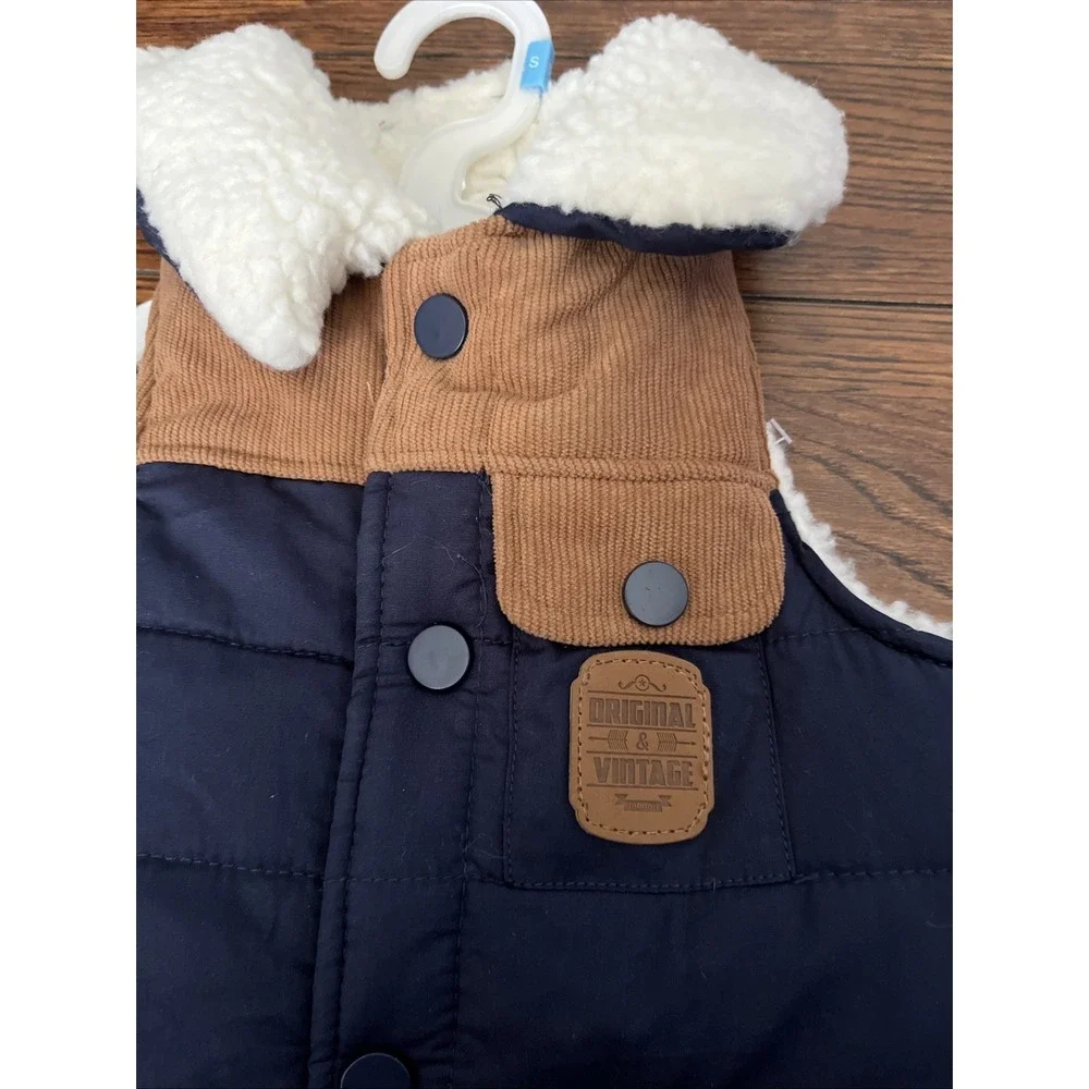 FabDog Pet Navy‎ Quilted Sherpa Pile Lined Jacket w/Tan Corduroy Small